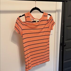 Michael Kors Orange and Blue Striped Short Sleeve Top